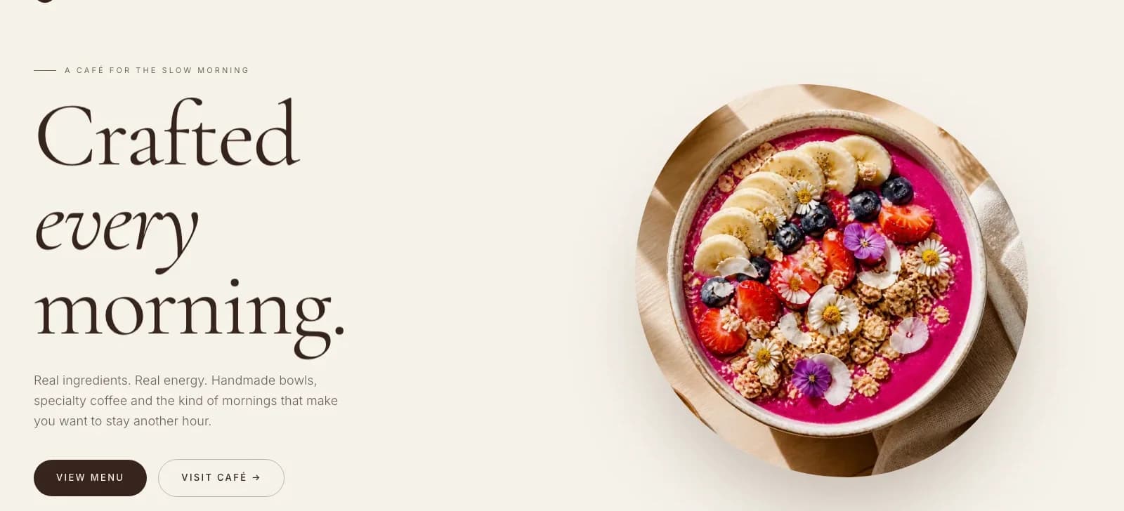 Bloom & Bowl café website story section with interior photography and brand stats