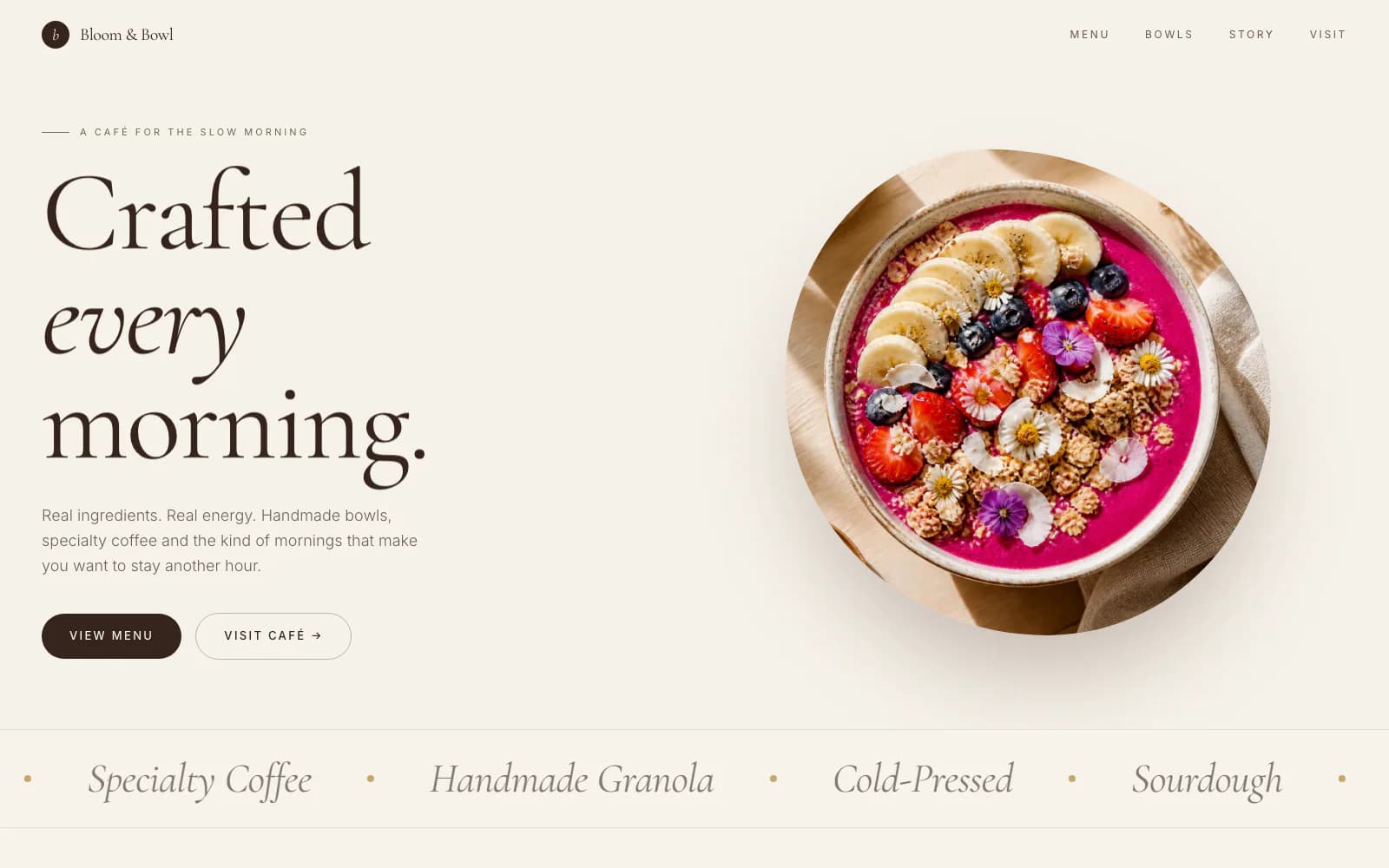 Bloom and Bowl café website homepage