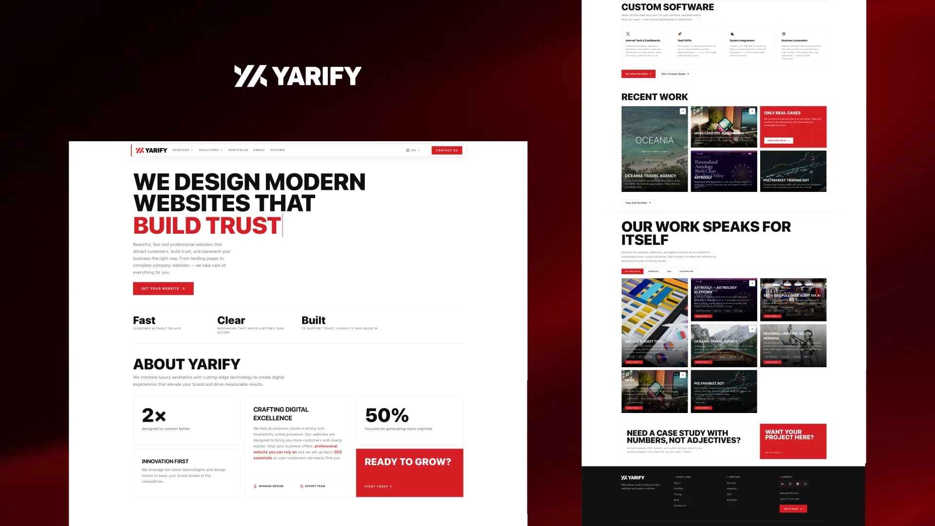 Custom Software — Custom internal tools, SaaS MVPs, CRM portals, and system integrations built around your specific workflows. Fixed scope, fixed price, modern tech stack.